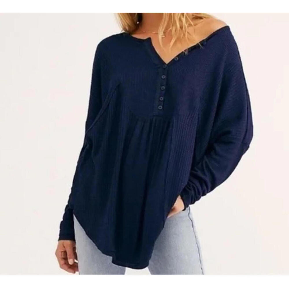 Free People Leo Henley Top Women's Small Blue Waffle Knit Oversized Long Sleeve